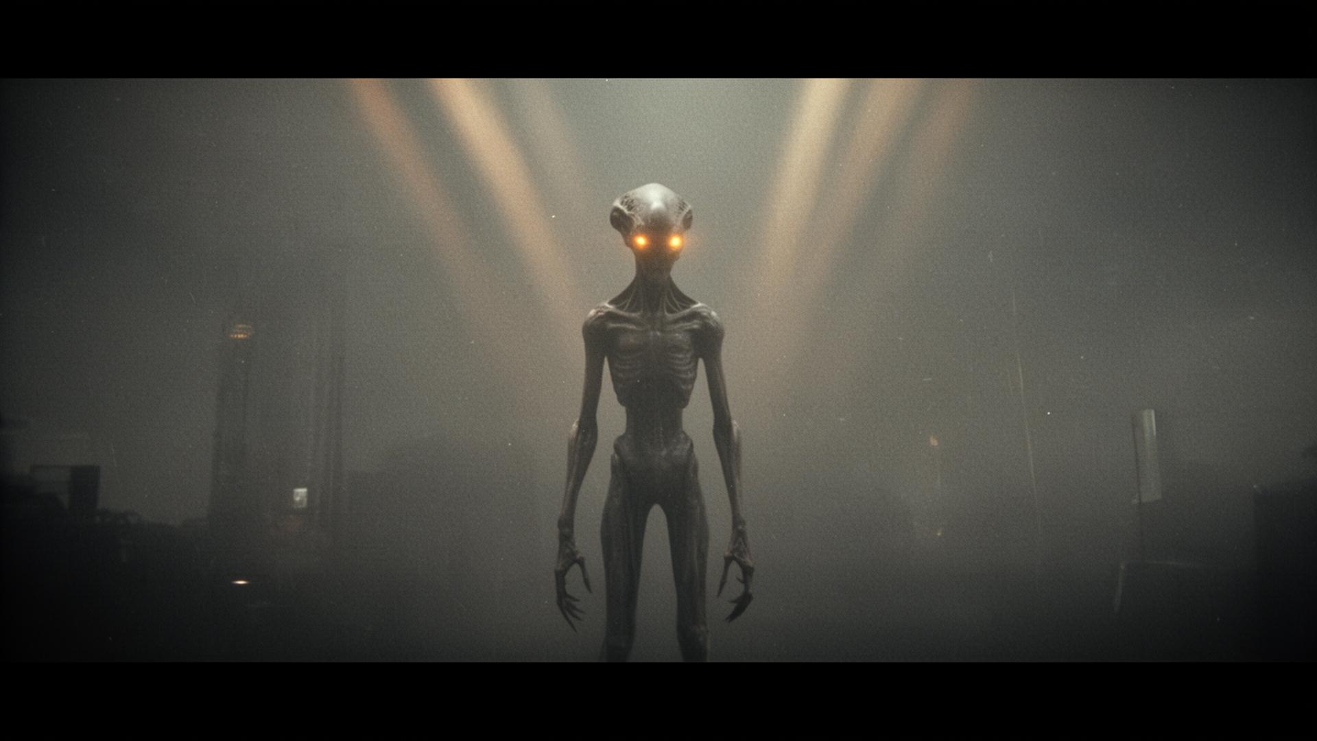 Recovered surveillance still — unidentified extraterrestrial entity, glowing amber eyes piercing through fog